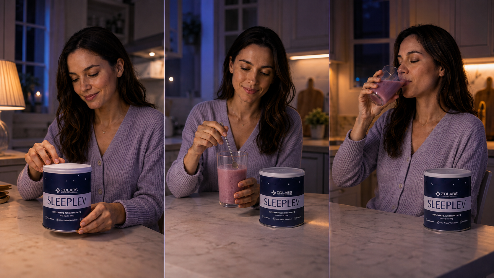 Mulher preparando e tomando o SleepLev em três etapas na cozinha à noite
