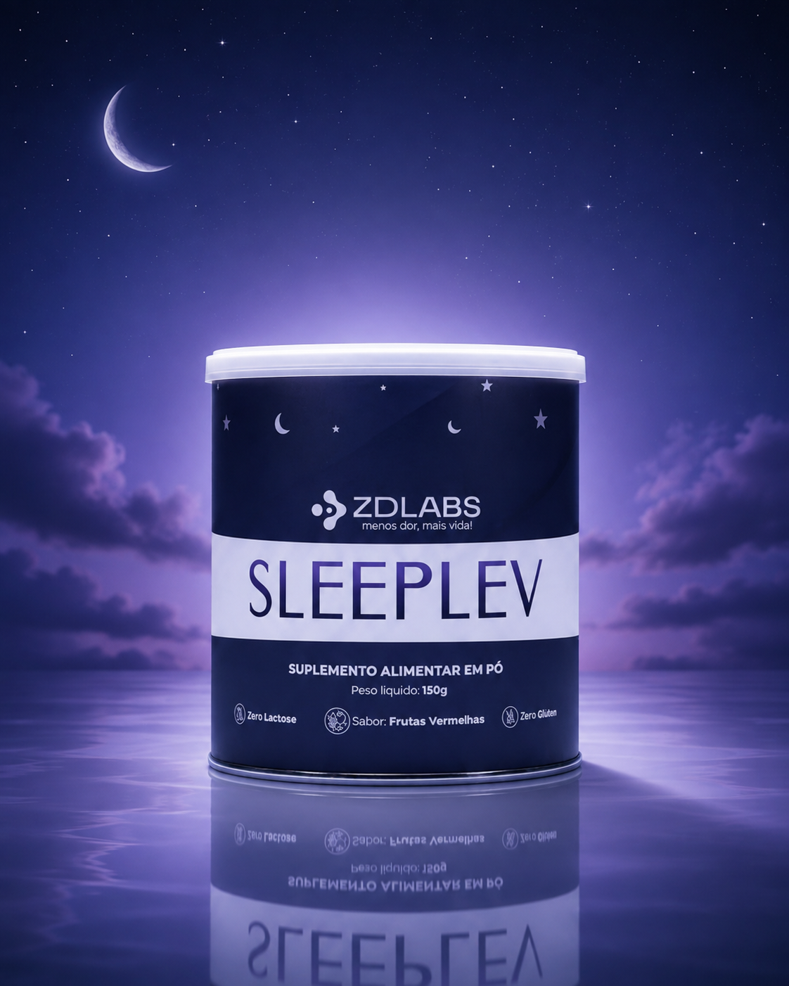 Pote do suplemento alimentar SleepLev em cenário noturno